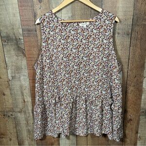 Cotton Bleu Floral Peplum Sleeveless Girly Ruffle Tank Top 2X Plus NWT Brown New